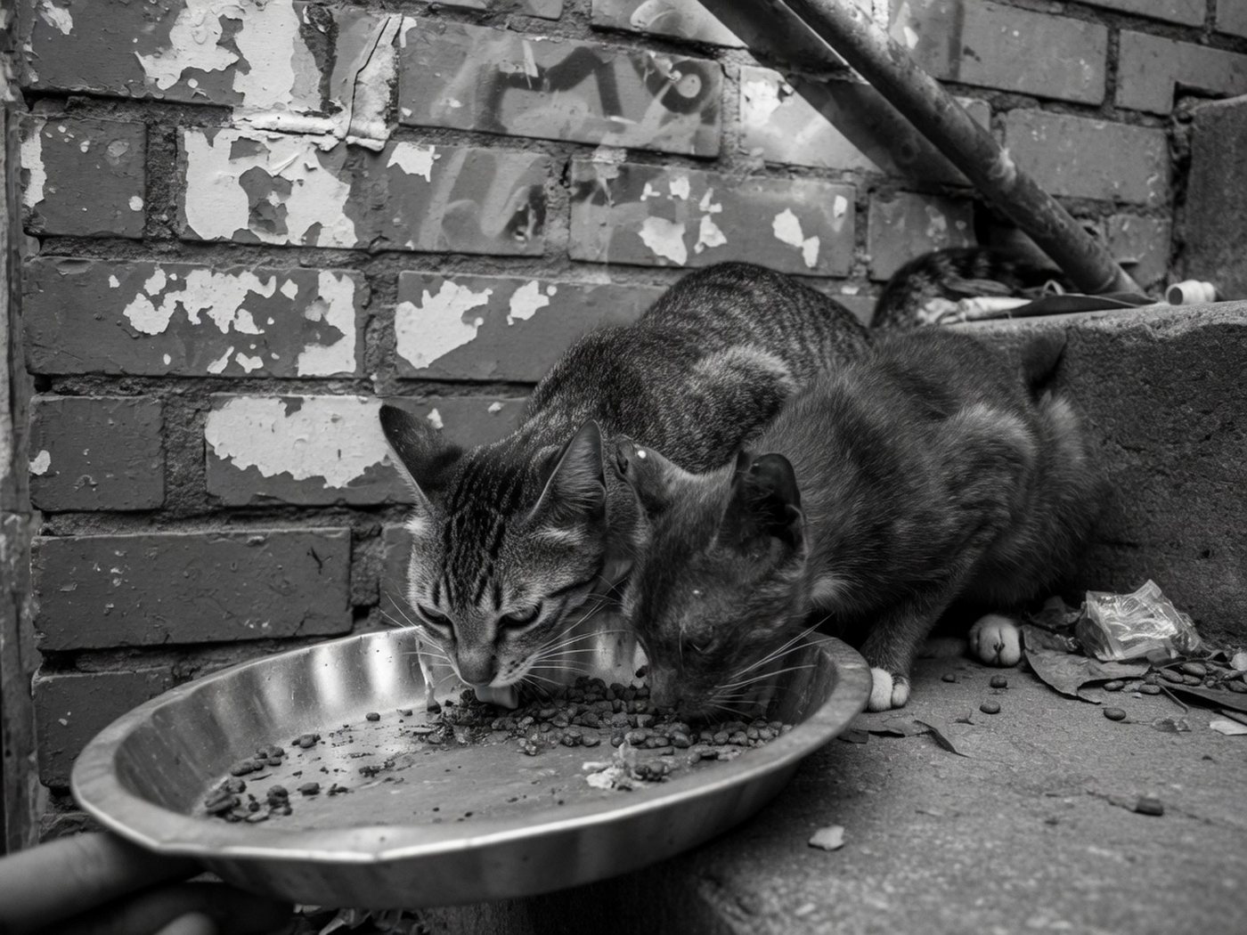 Dois gatos de rua comendo ração num prato de alumínio