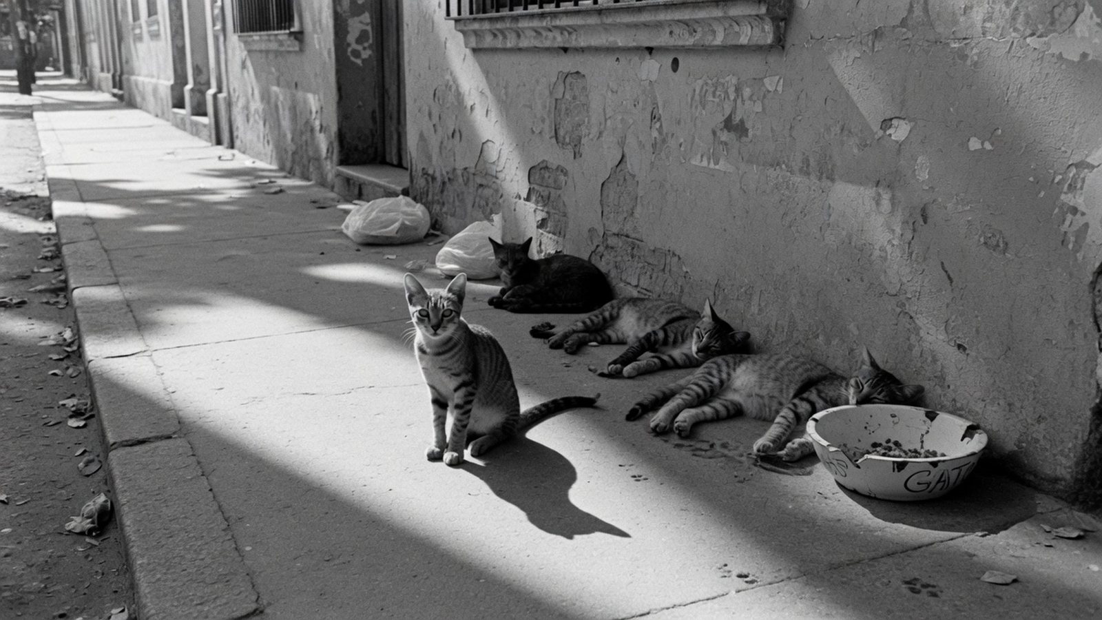 Colônia de gatos de rua descansando numa calçada, em preto e branco