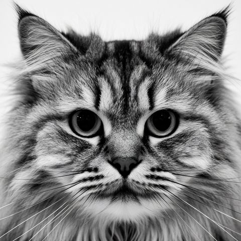 Retrato em preto e branco de um gato de pelo longo